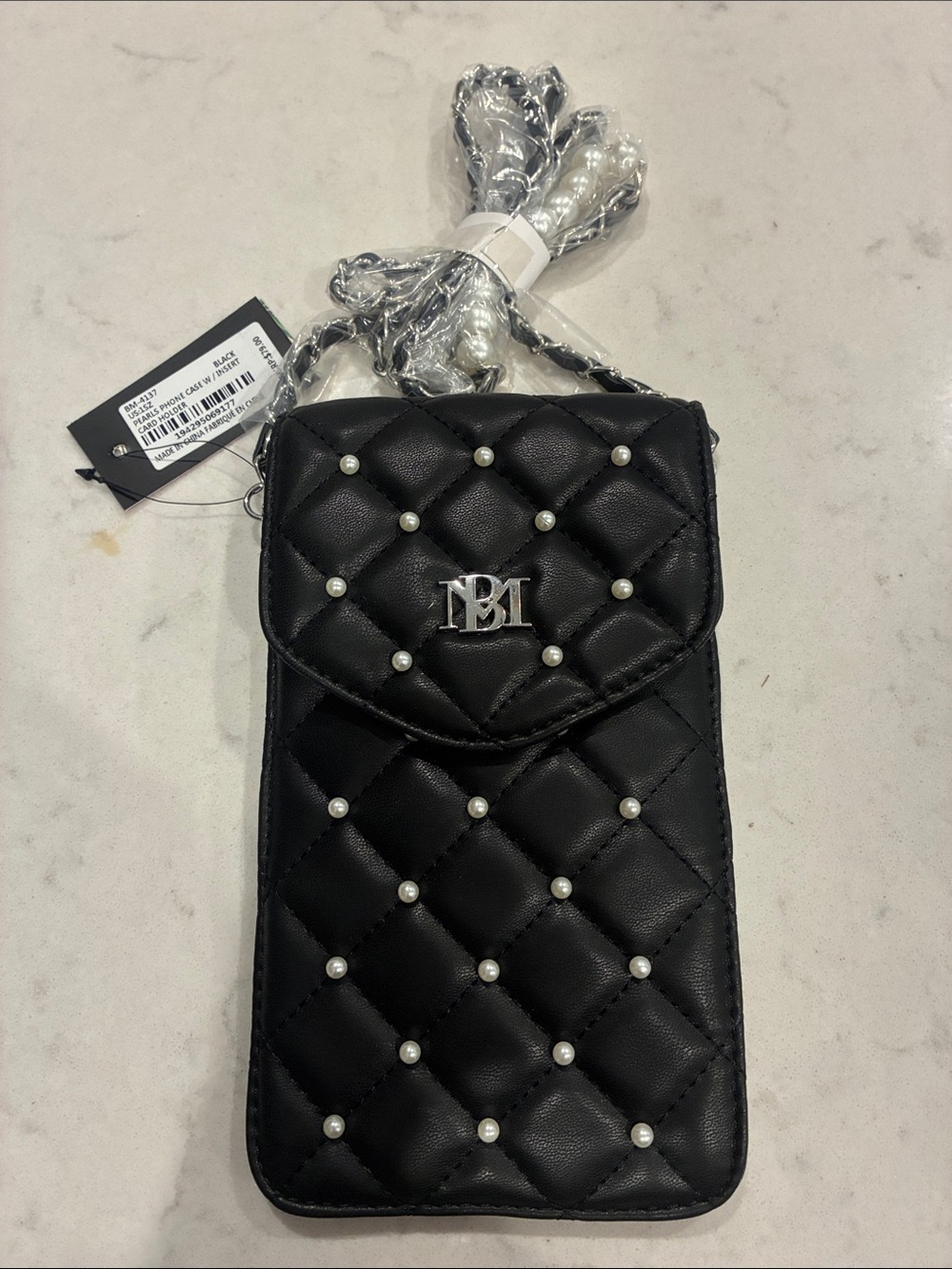 Badgley Mischka Quilted Pearl-Studded Black Crossbody Phone Pouch